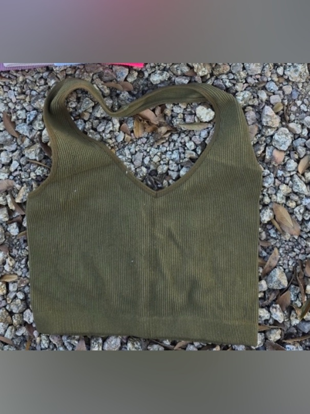 Ribbed Olive Green V-Neck Crop Top